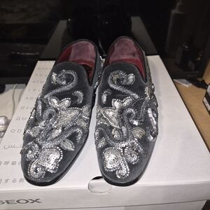 Dolce & Gabbana Black Velvet Slip-On Loafers with Silver Sequin Embroidery